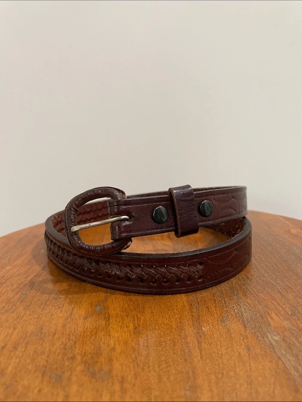 Western Kids Carved Woven Brown Leather Belt